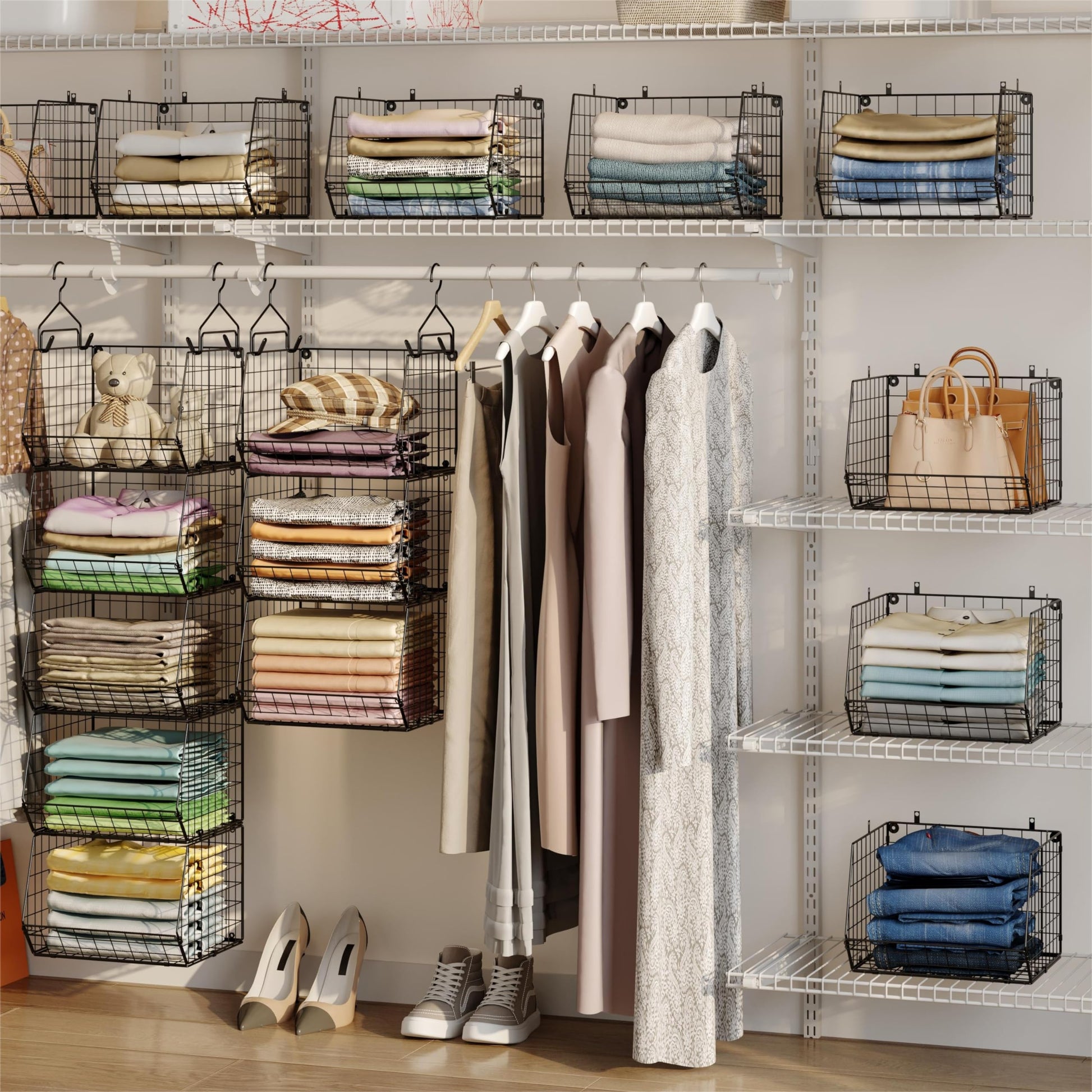X-cosrack 5 Tier Closet Hanging Organizer, Clothes Hanging Shelves with 4 Hanging Hooks 5 S Hooks