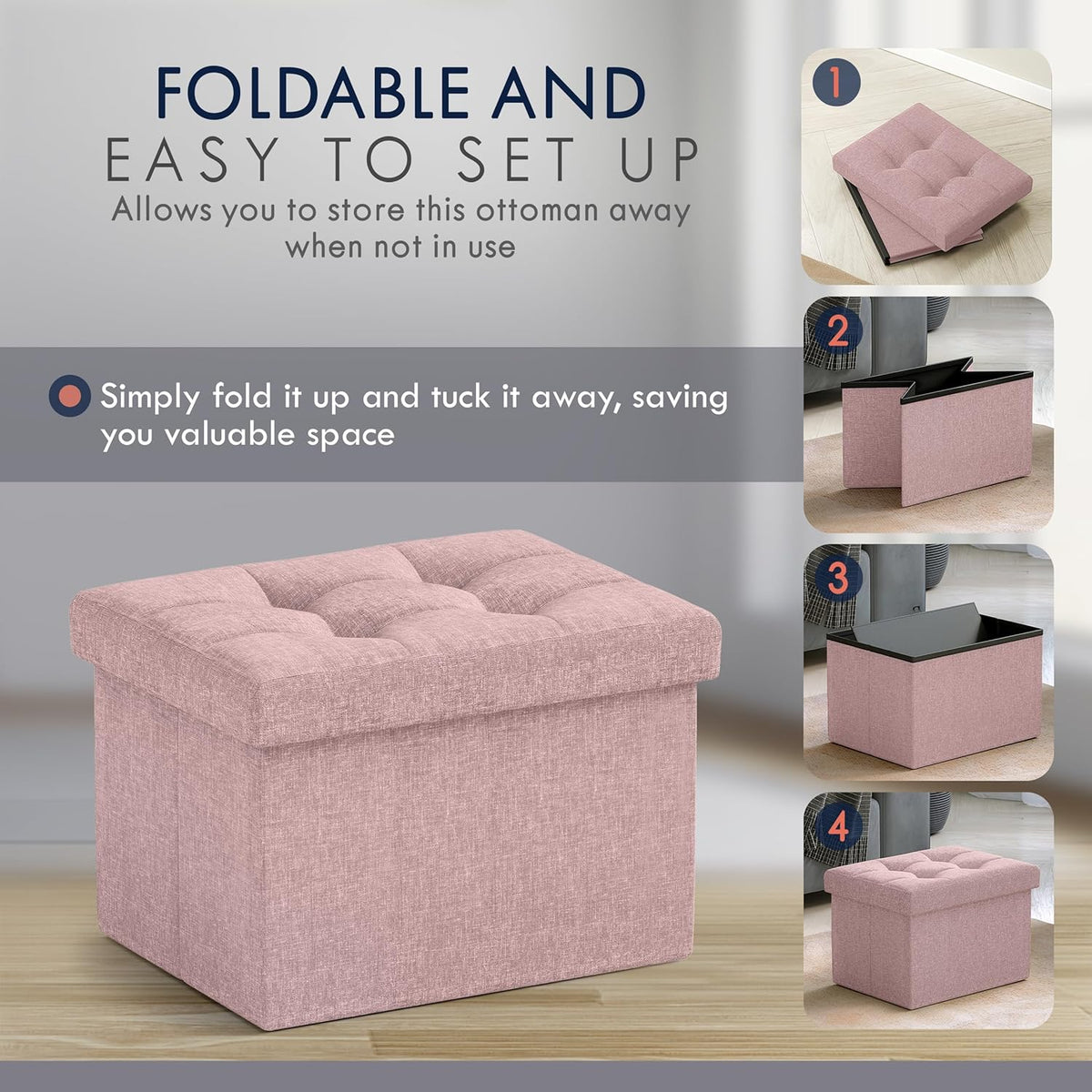 Ornavo Home Small Storage Ottoman Foldable Collapsible Rectangle Linen Ottoman Foot Rest Stool