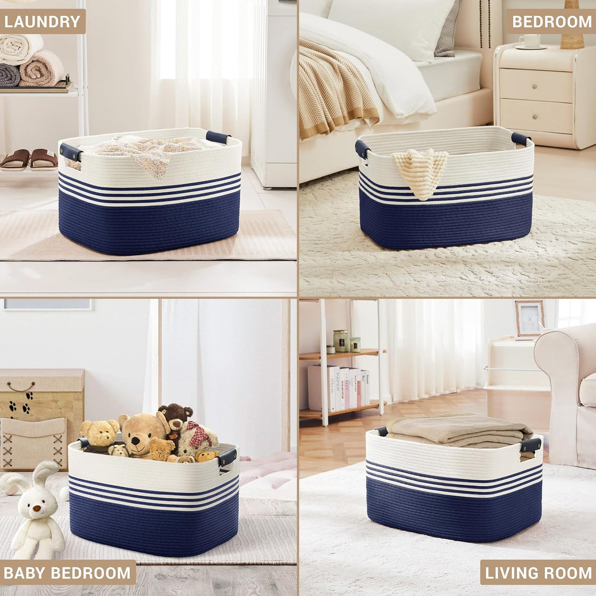 72L Large Laundry Basket with Leather Handles for Living Room Storage, Woven Rope Baskets Bin for