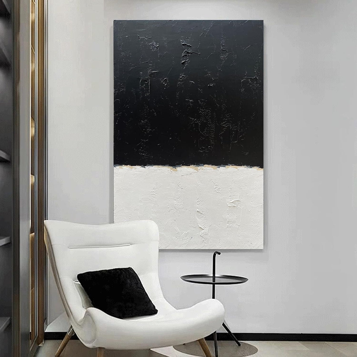 NANKAI Hand-Painted Black and White Wall Art, Minimalist Abstract Painting, Large Oil on Canvas