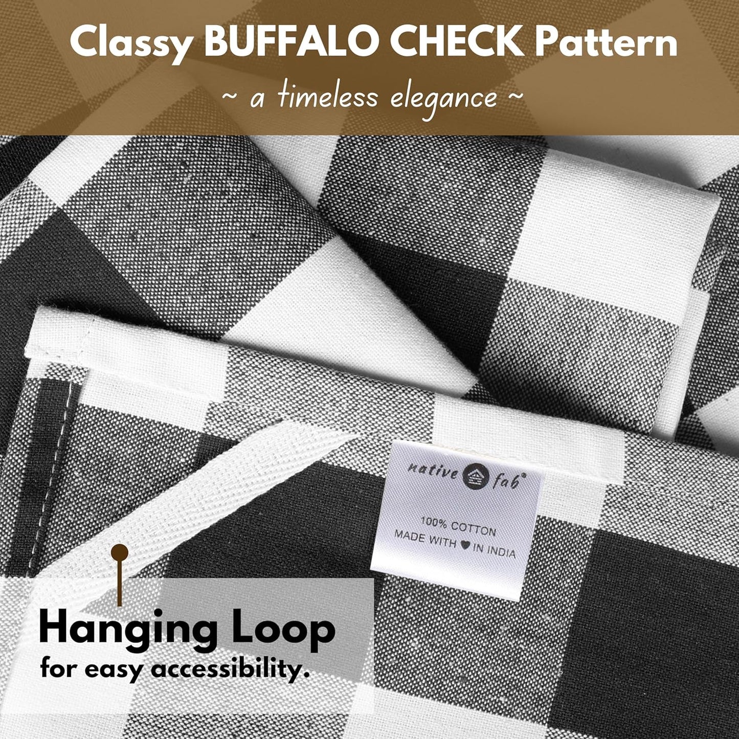 Native Fab 6-Pack Kitchen Towel with Hanging Loop 16x26 inches, Cotton Buffalo Check Kitchen Towels