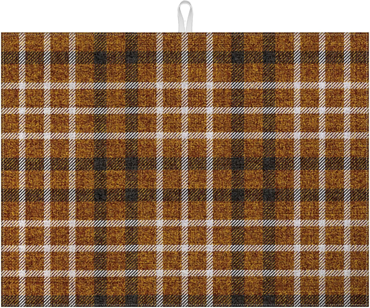 Brown Plaid Dish Drying Mat for Kitchen Counter Microfiber Absorbent Dish Kitchen Drying Mat