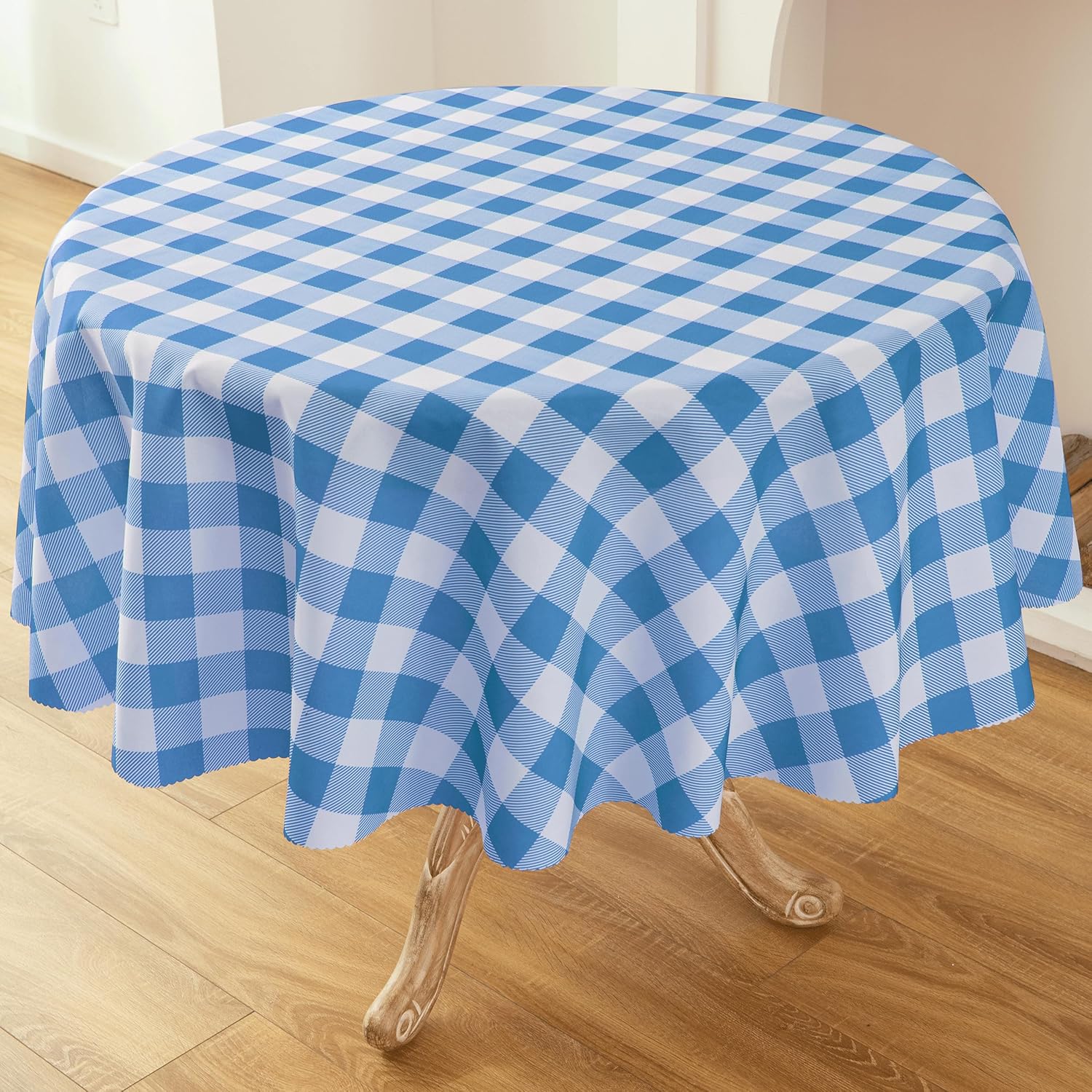 Waterproof Plaid Tablecloth Fabric - Round 58 Inch Classic Gingham Checker Table Cloth for