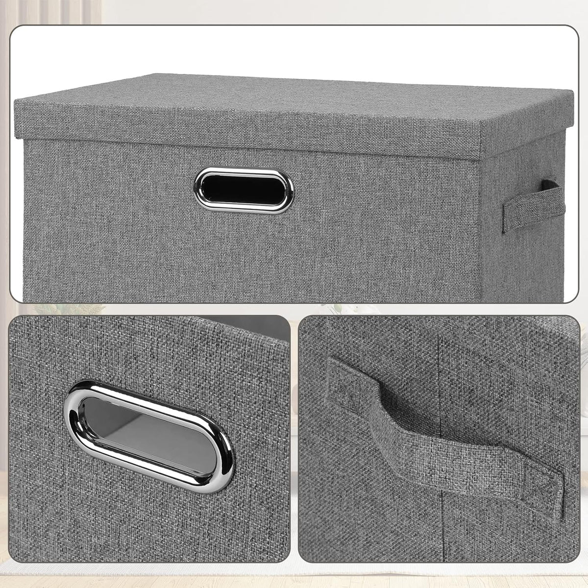 Large 17" 36 Quart Collapsible Stackable Storage Bins with Lids, 3 Packs Grey Linen Fabric Closet