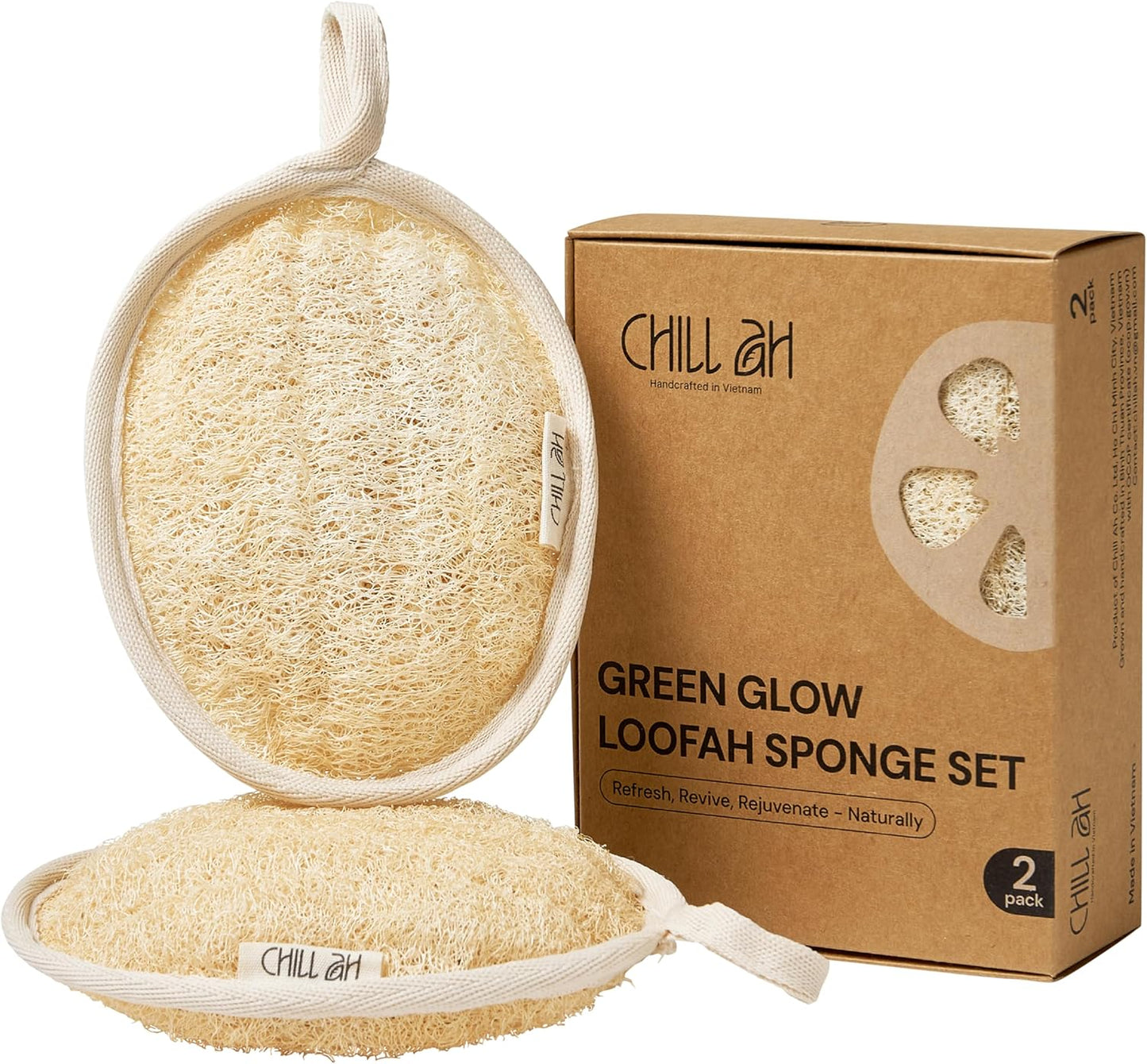 Chill Ah Green Glow All Natural Exfoliator Dual Sided Loofah Bath Sponge Set – 100% Plant-Based