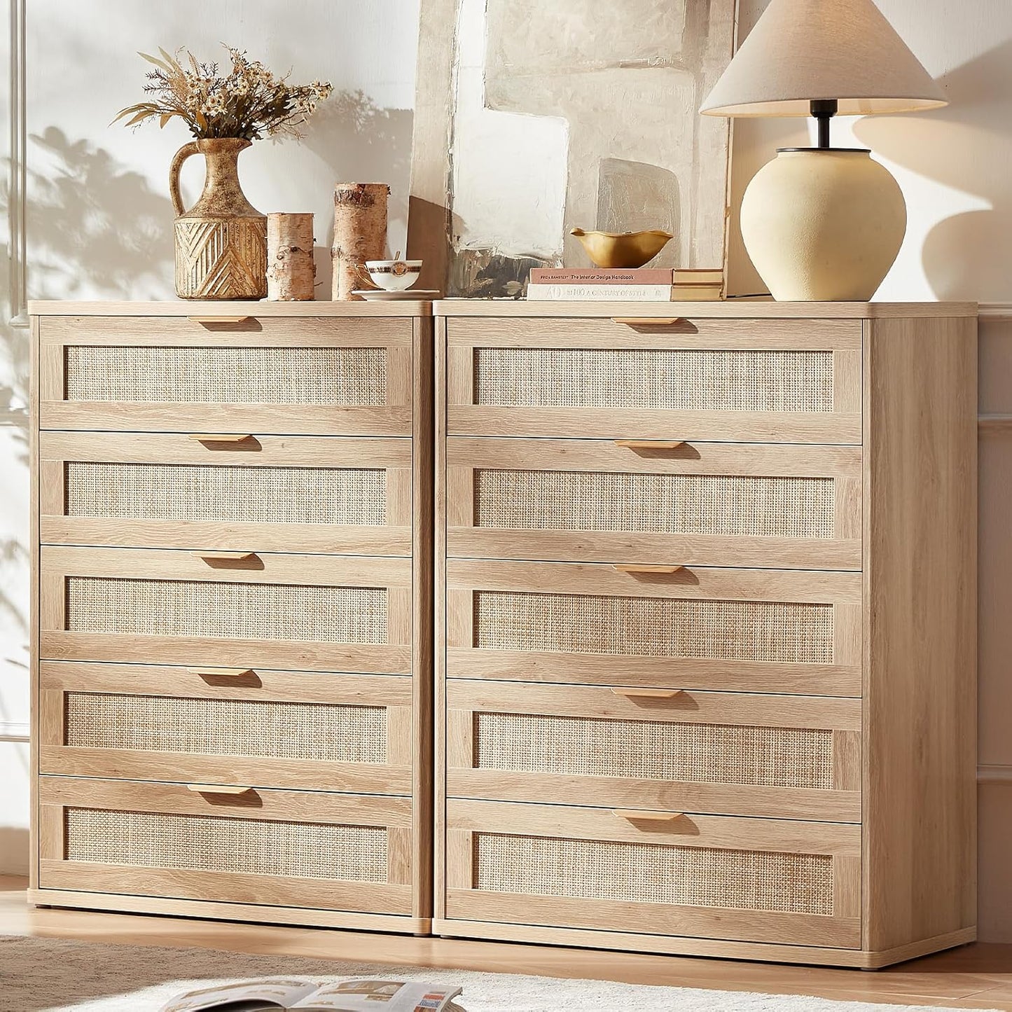 LEYAOYAO Rattan Dresser for Bedroom Set 2, 41" Tall Chest of Drawers, Modern 5 Drawers Boho