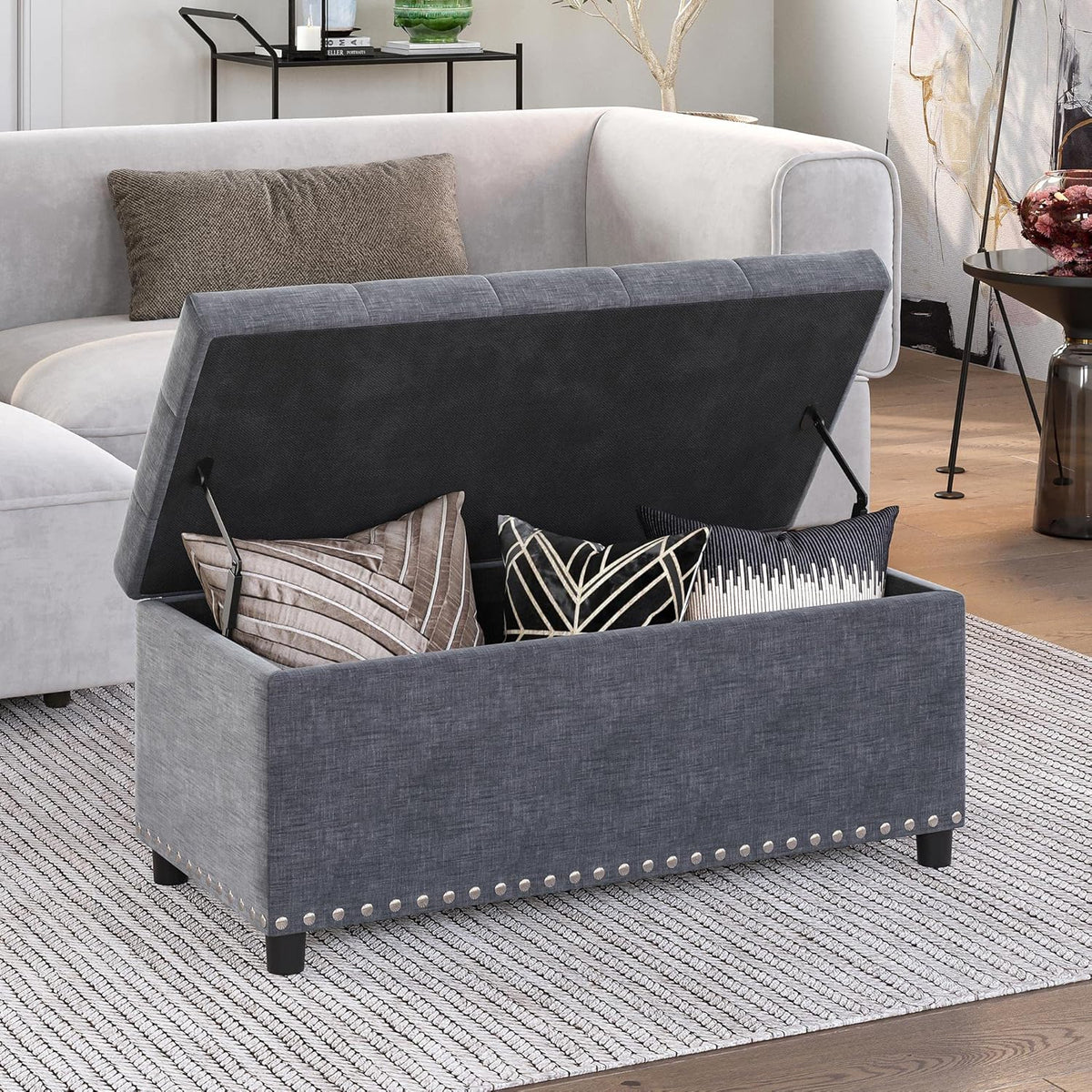 BELLEZE 35" Tufted Ottoman, Storage Bench with Safety Close Hinge, Ottoman with Storage for Living