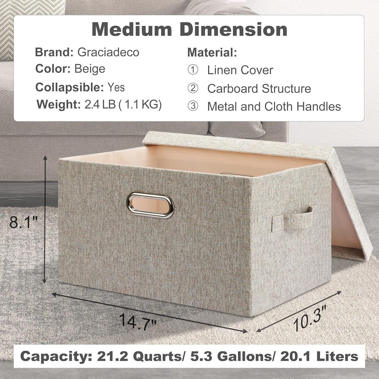 Medium 15" 21 Quart Collapsible Stackable Storage Bins with Lids, 5 Packs Beige Foldable Fabric