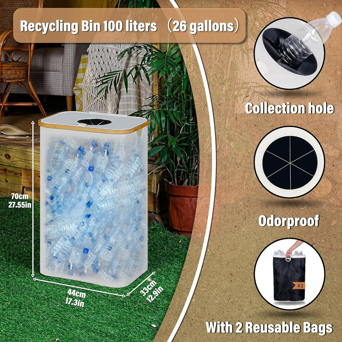 efluky Recycling Bin 100L, 26 Gallon Recycle Bins for Kitchen Indoor Outdoor Home with 2 Removeable