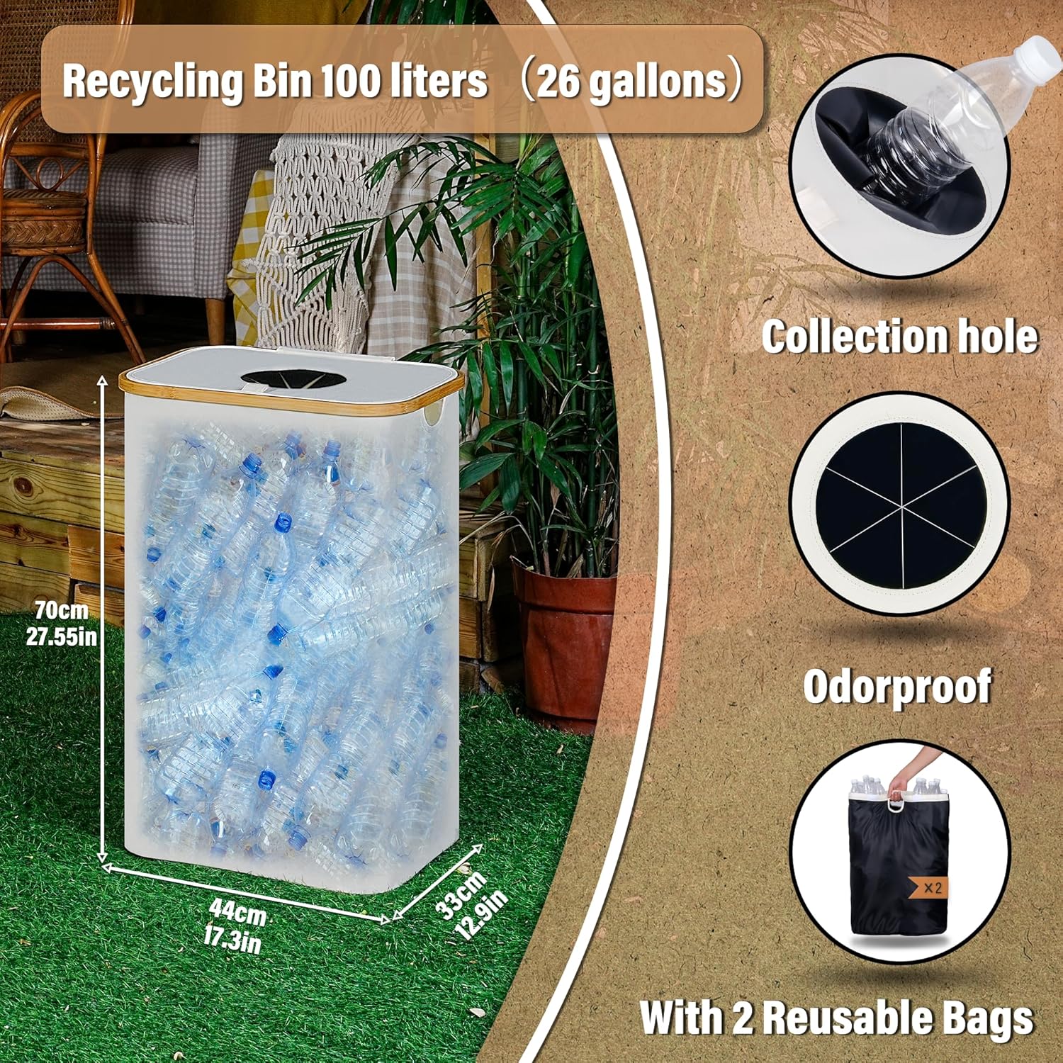 efluky Recycling Bin 100L, 26 Gallon Recycle Bins for Kitchen Indoor Outdoor Home with 2 Removeable