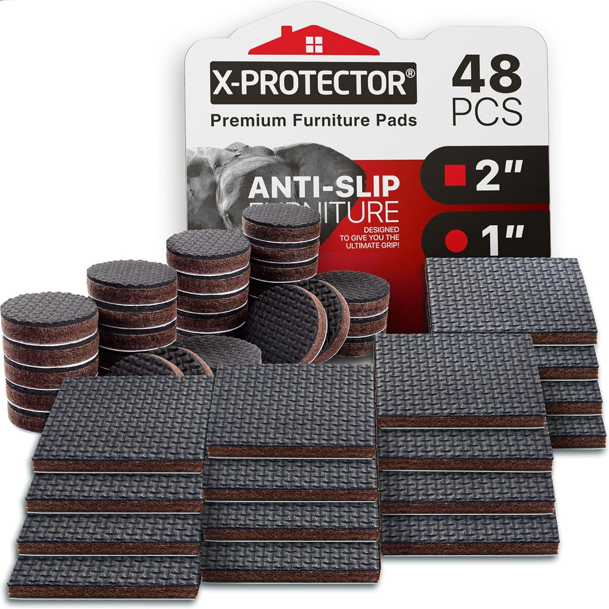 Non Slip Furniture Pads X-PROTECTOR 48 PCS - 32 pcs 1” Round + 16 pcs 2" Square Furniture Grippers!
