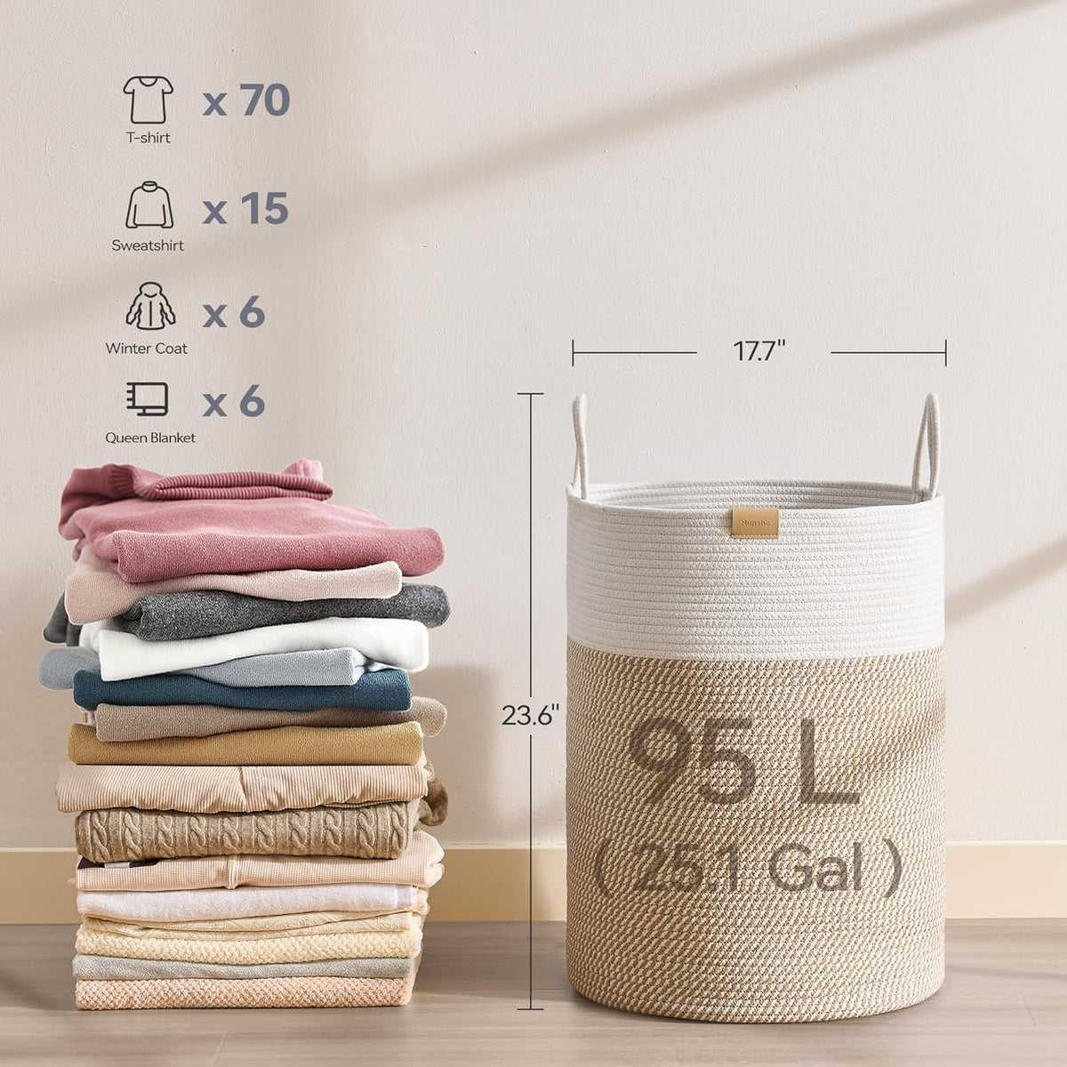 Laundry Hamper 95L,Large Laundry Basket for Clothes,Decorative Storage Basket for Blankets,Cotton