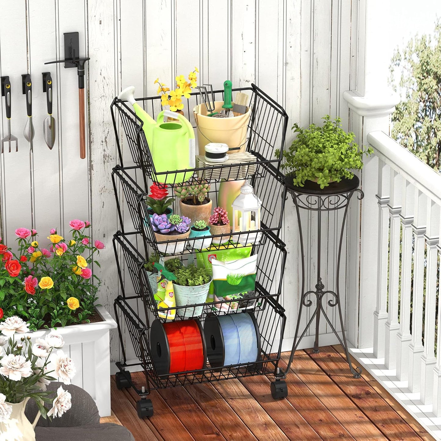 PUSDON Stackable Metal Storage Carts, Dual Use Shelf for Kitchen Fruit Vegetable Baskets with