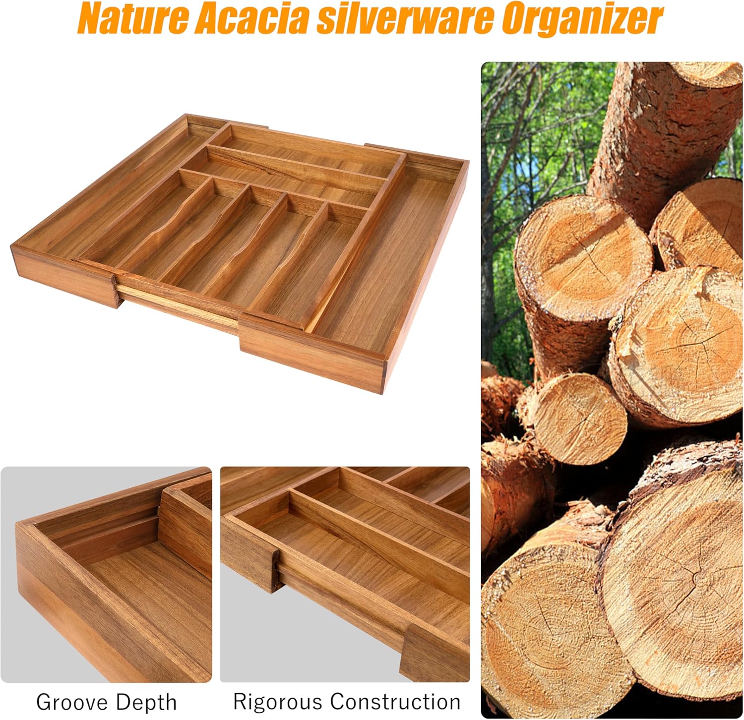 Bellsal Large Premium Acacia Wood Silverware Organizer - Expandable Utensil Drawer Organizer