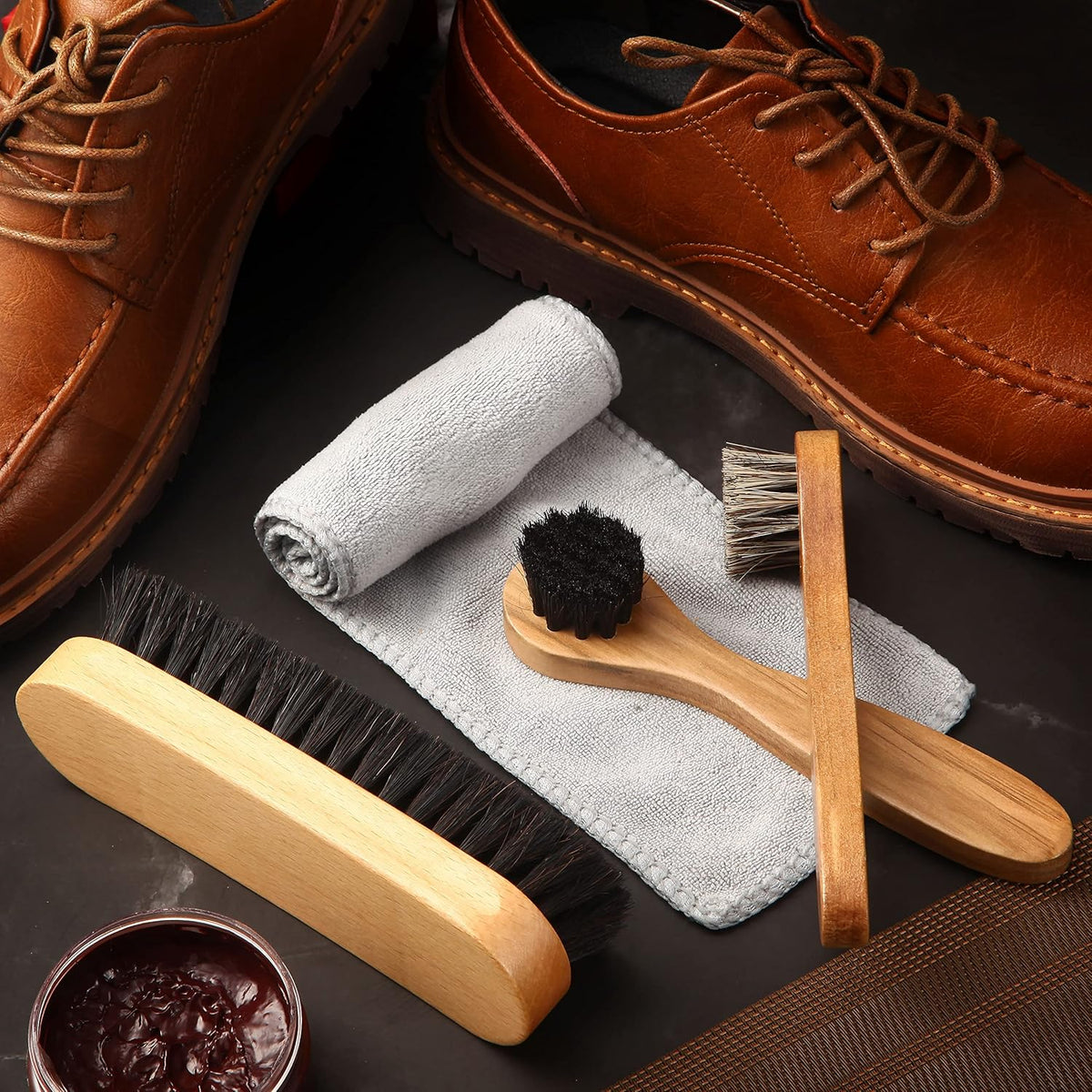 4 Pcs Horsehair Shine Shoes Brush Kit Polish Dauber Applicators Cleaning Leather Shoes Boots Care