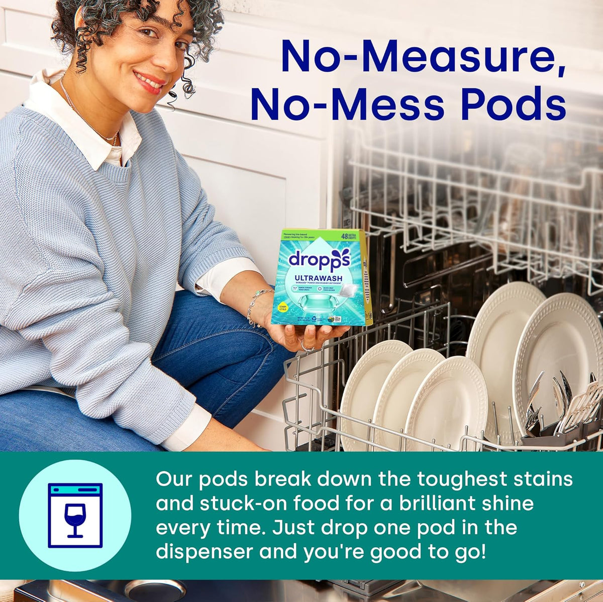 Dropps UltraWash Dishwasher Pods, Unscented (32 Count) - Biobased Power Deep Clean Dishwasher