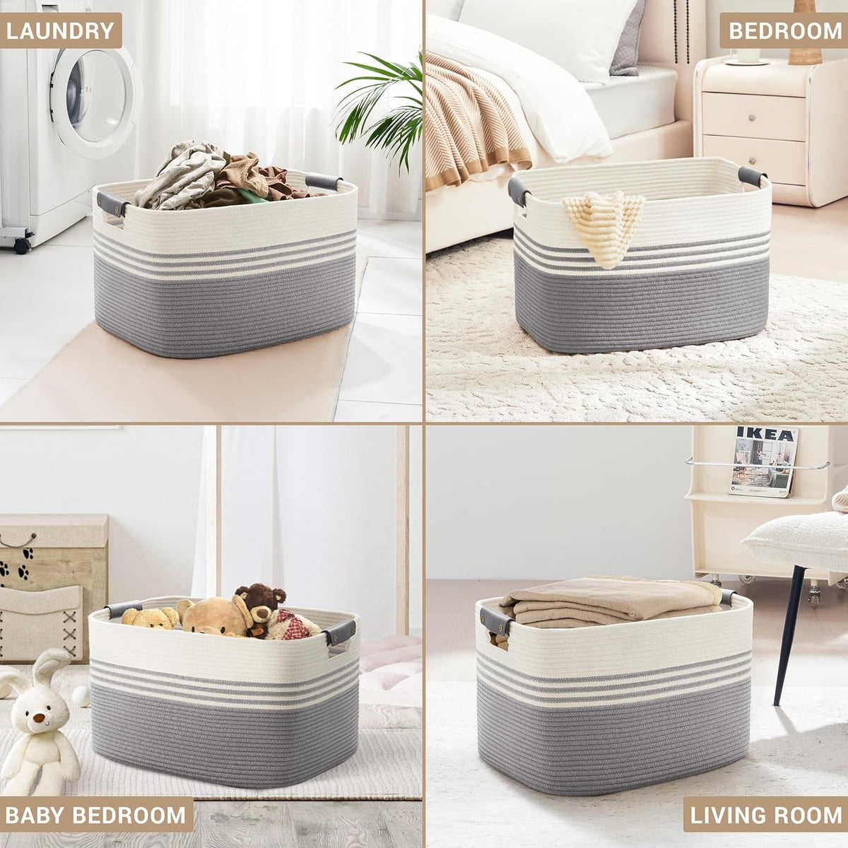 86L Extra Large Laundry Basket with Leather Handles for Living Room Storage, Woven Rope Baskets for