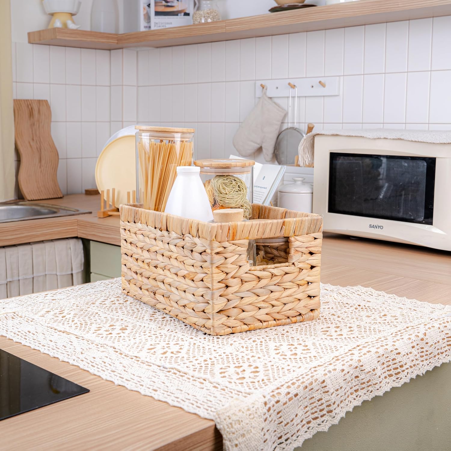 Set of 6 Wicker Storage Basket, Water Hyacinth Storage Baskets, Wicker Storage Baskets for Shelves