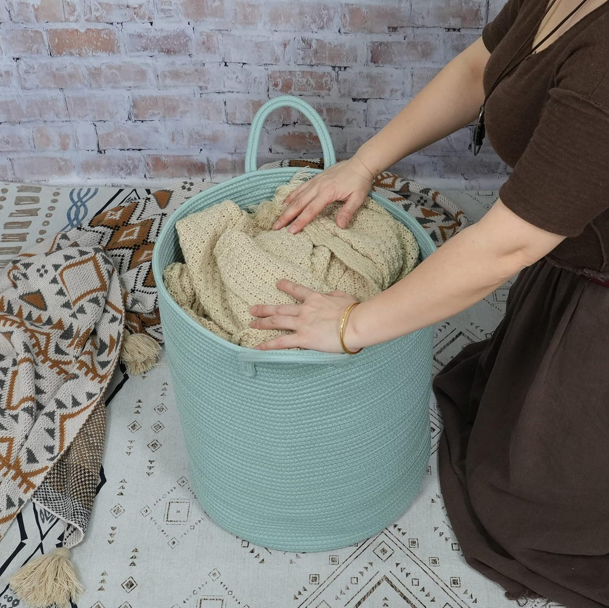Cotton Rope Laundry Basket Hamper for Clothes Woven Storage Basket for Living Room Bedroom Boho