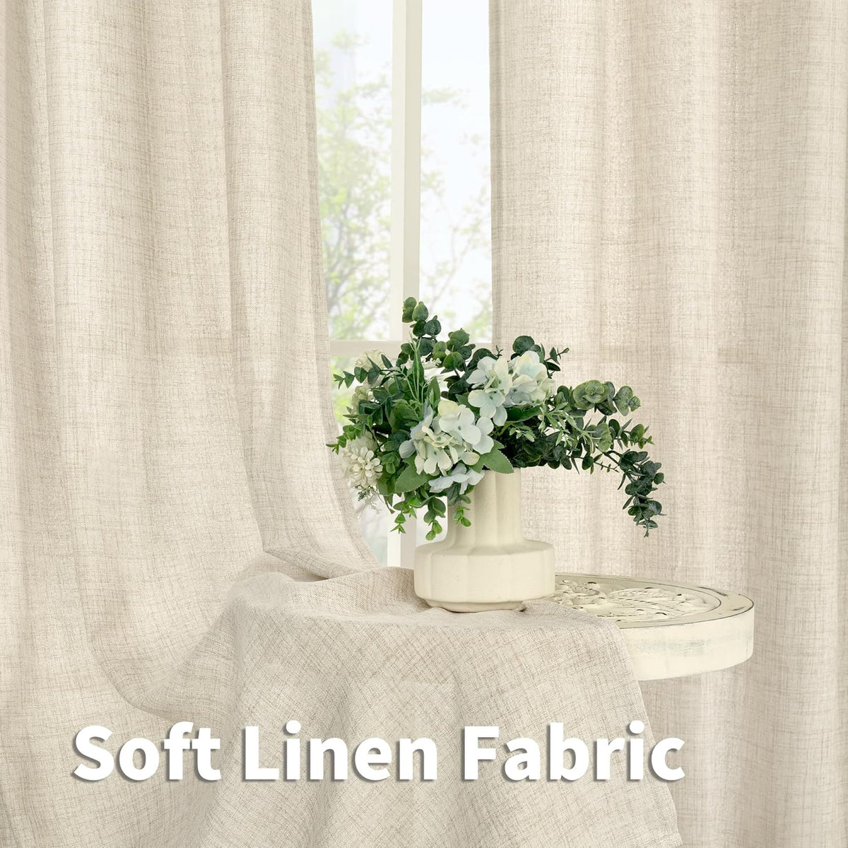 YoungsTex Linen Curtains 45 Inch Length for Kitchen Window, Cream Short Semi Sheer Drapes with Rod