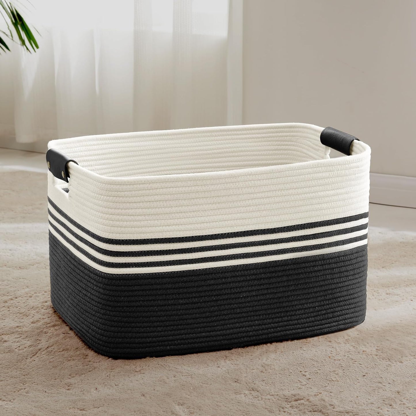 72L Large Laundry Basket with Leather Handles for Living Room Storage, Woven Rope Baskets Bin for