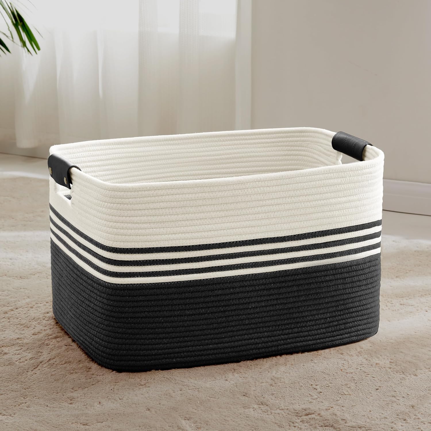 72L Large Laundry Basket with Leather Handles for Living Room Storage, Woven Rope Baskets Bin for