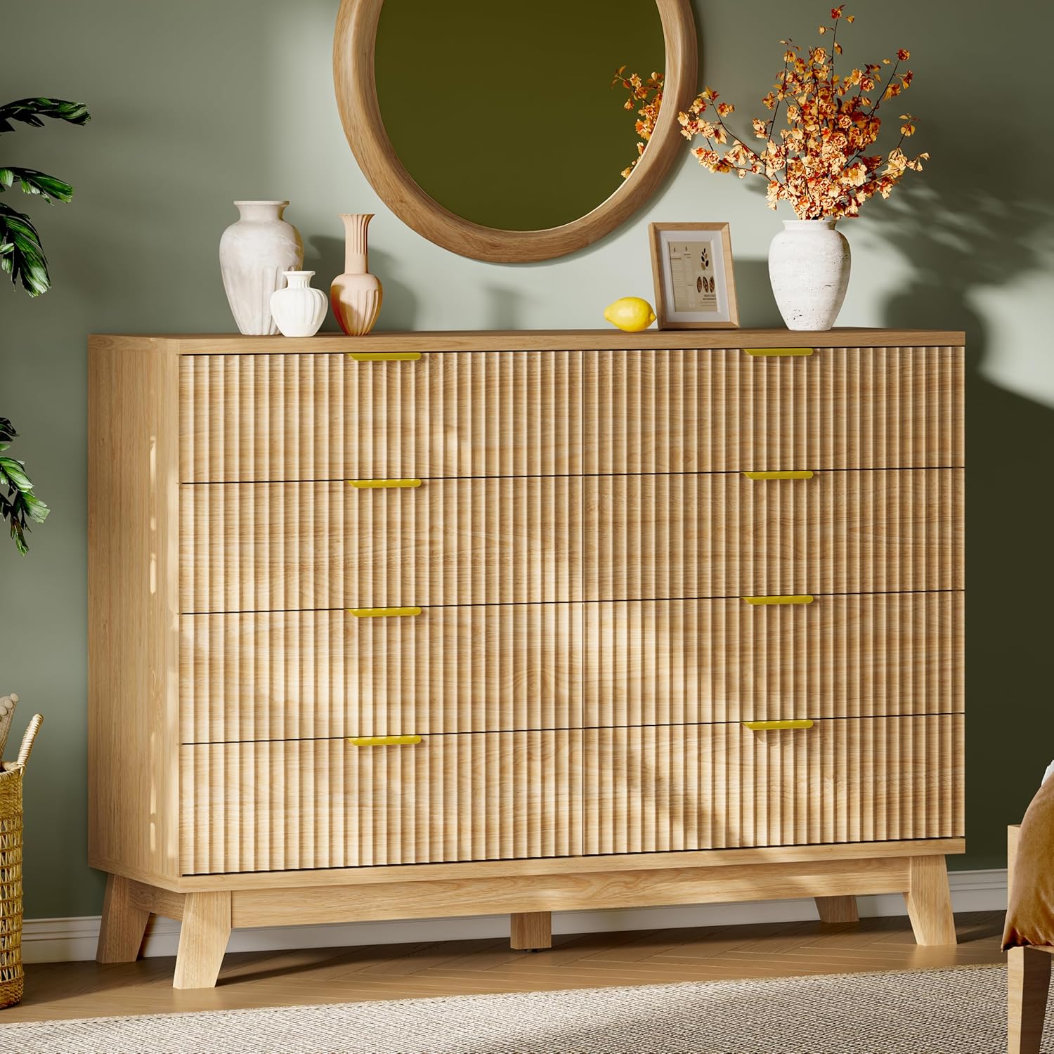 Fluted Dresser with 8 Drawers, 54" Wide Modern Chest of Drawers with Metal Handle, Wooden Dresser