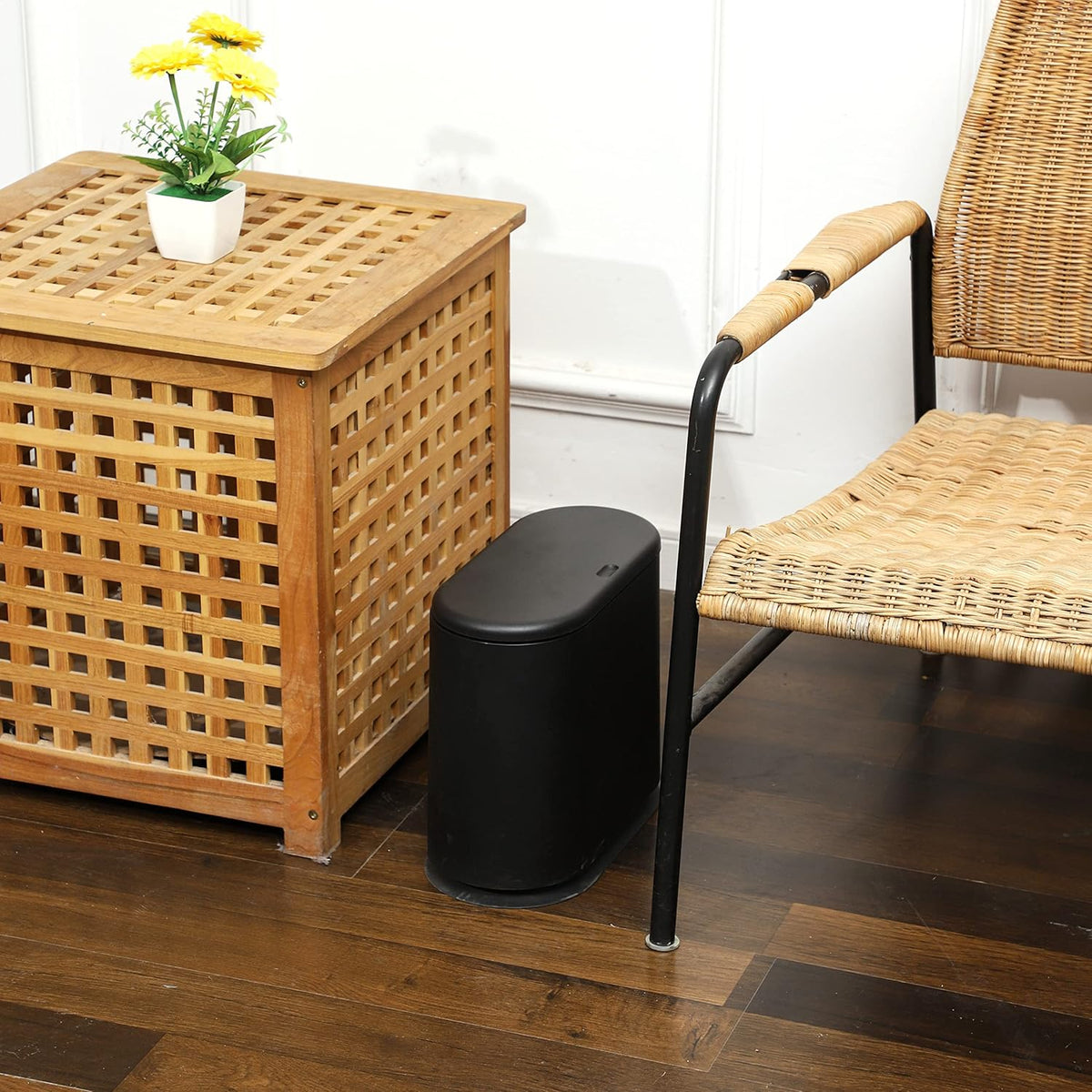 Black Slim Bathroom Trash Can with Press Top Lid,12 Liter Small Thin Garbage Can,3.17 Gallon Narrow