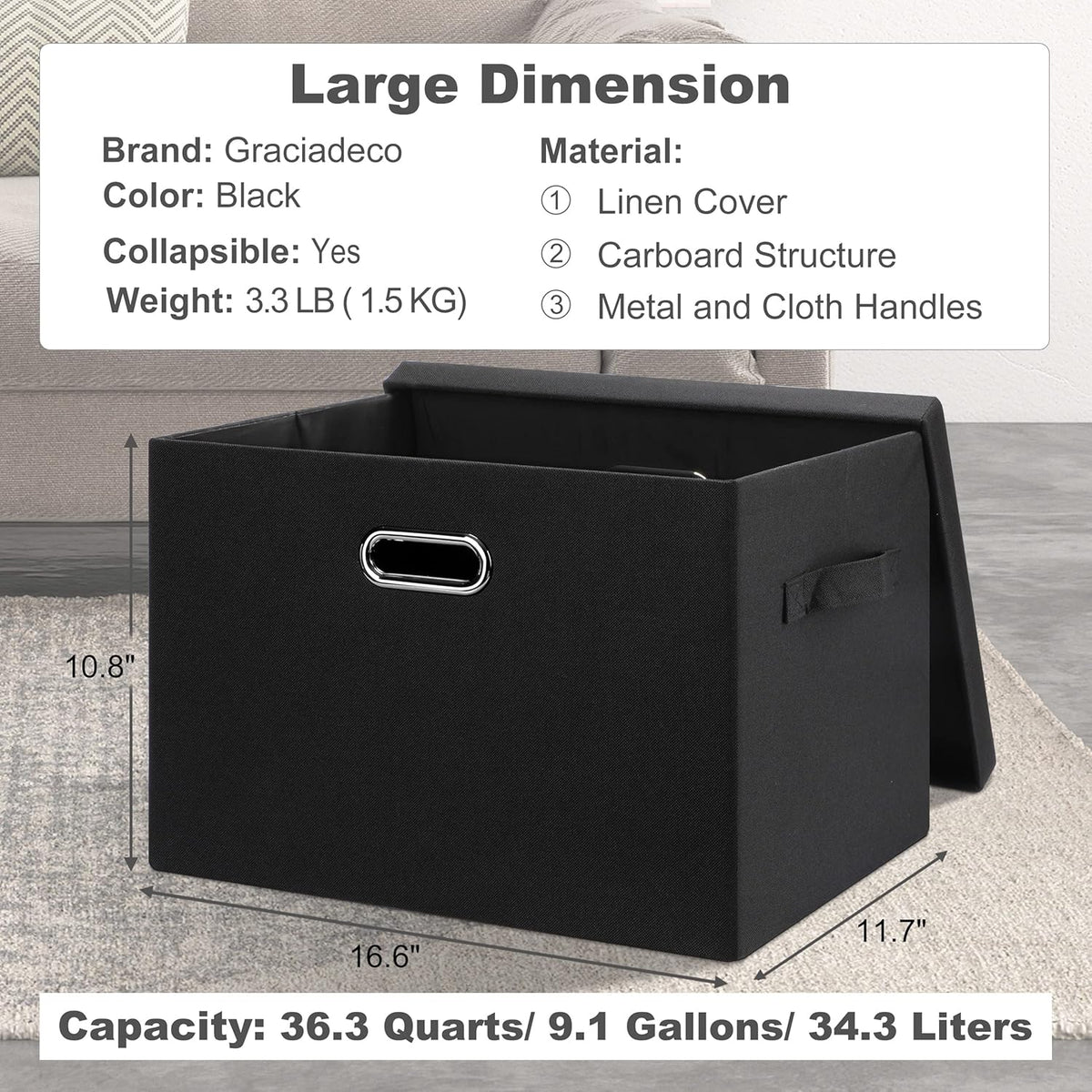 Large 17" 36 Quart Collapsible Stackable Storage Bins with Lids, 5 Packs Black Linen Fabric Closet