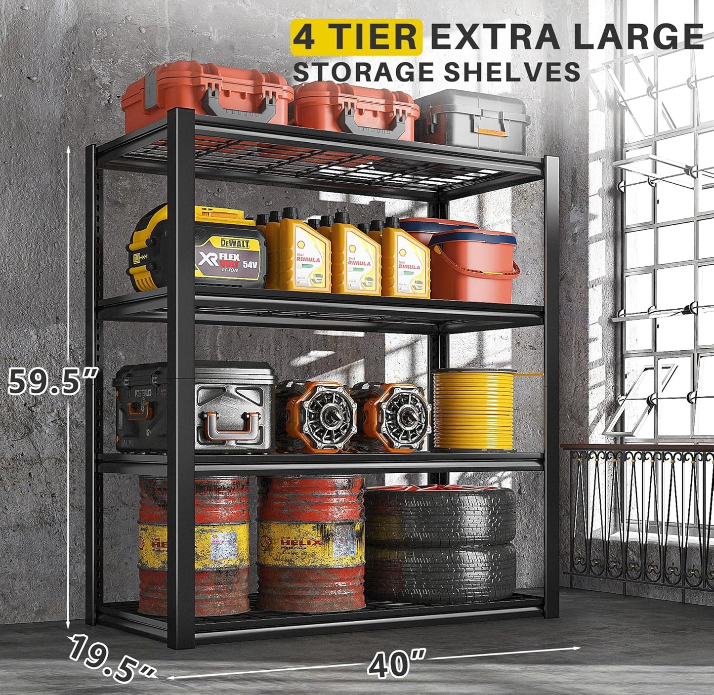 REIBII 40" W Garage Shelving 2240 LBS Storage Shelves Adjustable Metal Shelving Heavy Duty 4 Tier