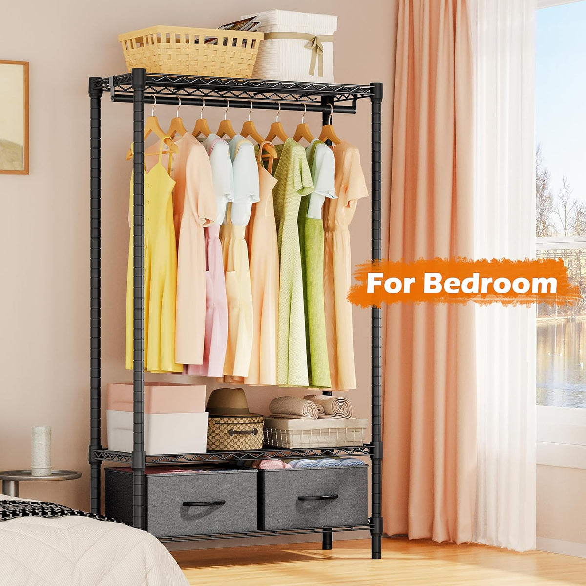 Heavy Duty Rolling Garment Rack 3 Tiers Adjustable Wire Shelving with Rod, Storage Closet Clothing