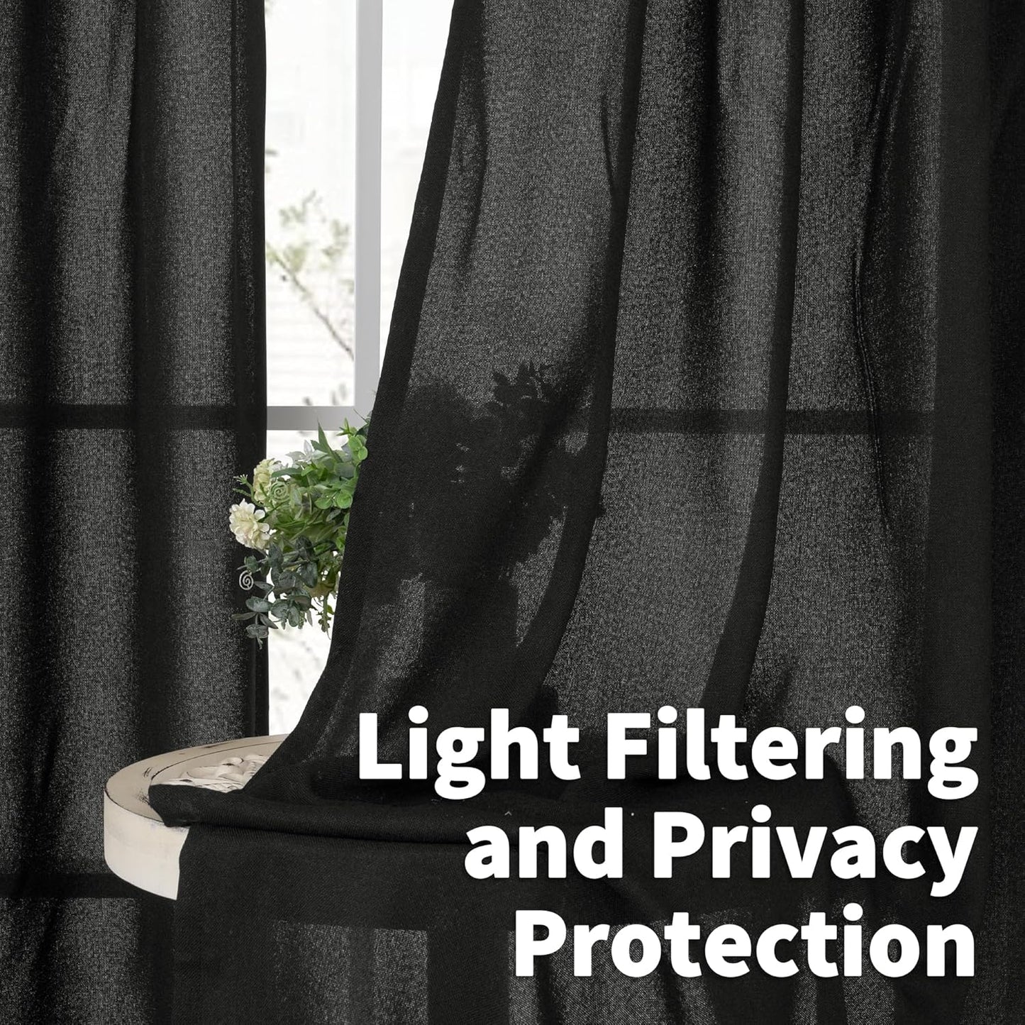 YoungsTex Black Linen Curtains 63 inch Length 2 Panels for Living Room, Back Tab and Rod Pocket