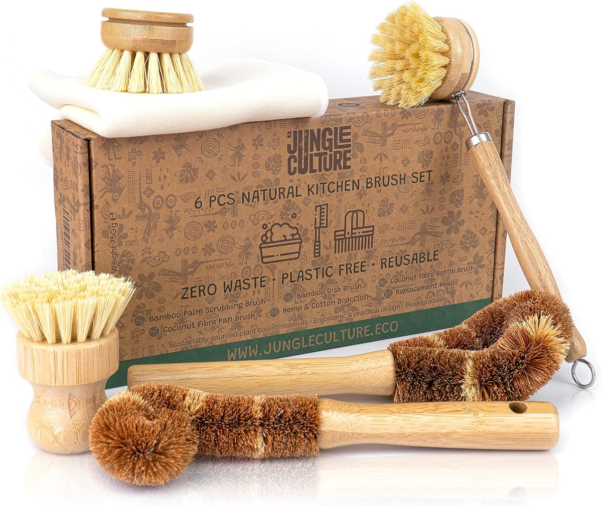 Jungle Culture® 6 Piece Natural Dish Brushes for Washing Up • Eco Dish Brush Kitchen Cleaning Set •