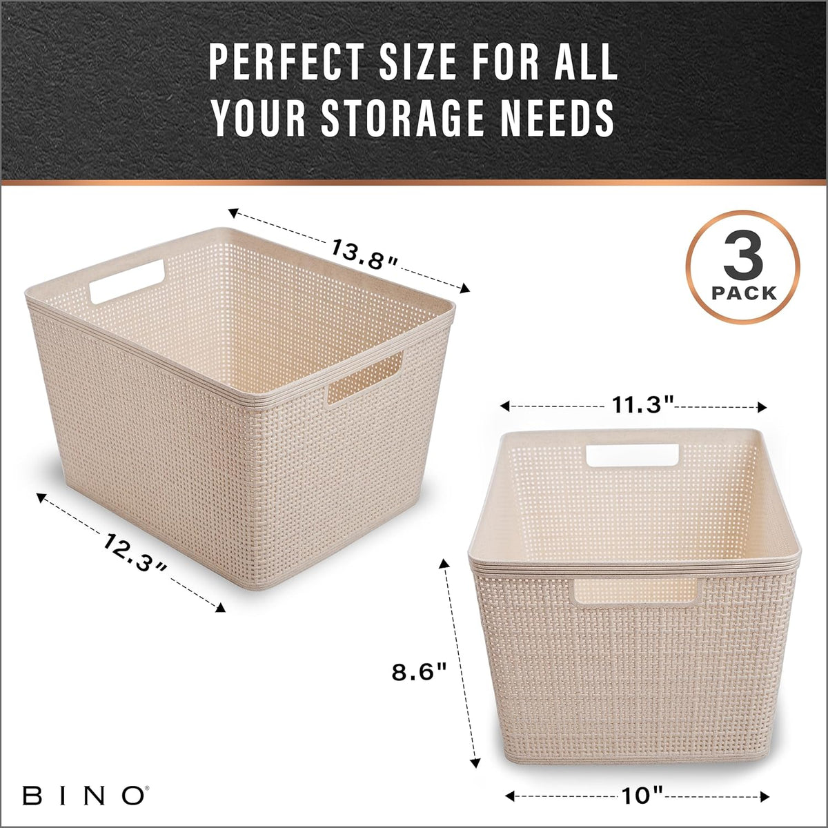 BINO Woven Plastic Basket | Large (Natural), 3-Pack | THE JUTE COLLECTION | Home Organization