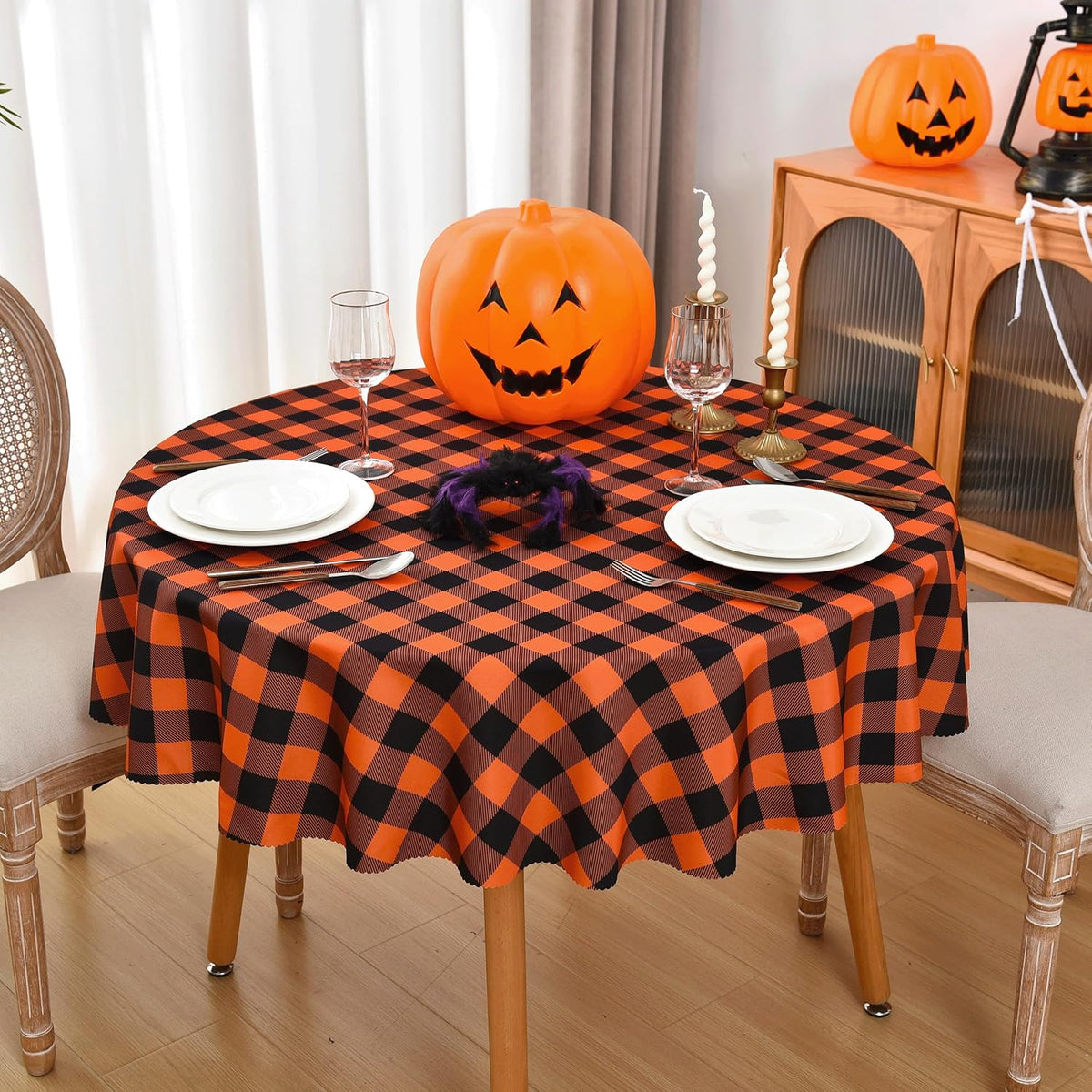 Waterproof Plaid Tablecloth Fabric - Round 58 Inch Classic Gingham Checker Table Cloth for