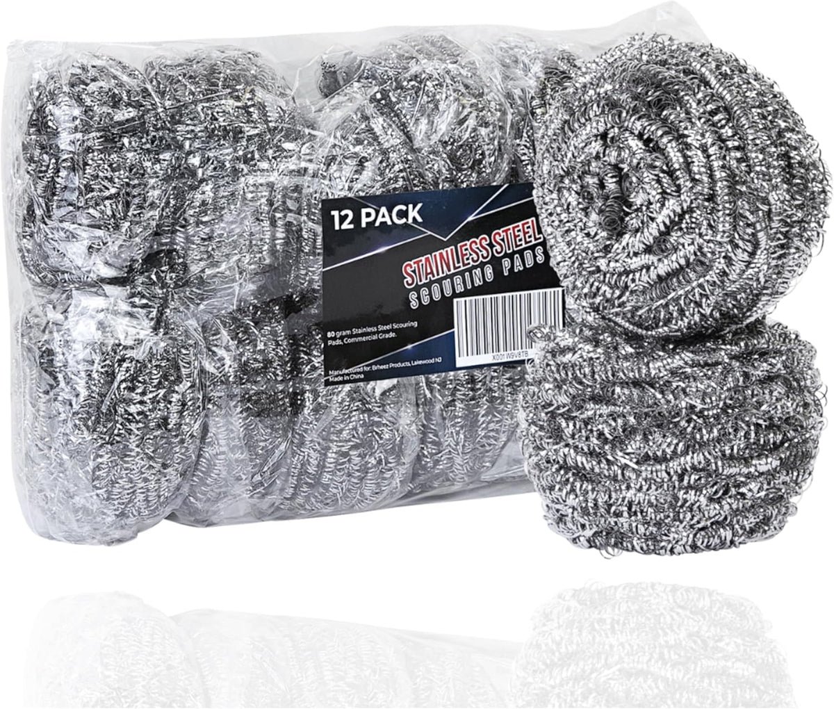 Brheez Stainless Steel Cleaner Scouring Pads [12 Pack] - Industrial & Commercial Strength Large
