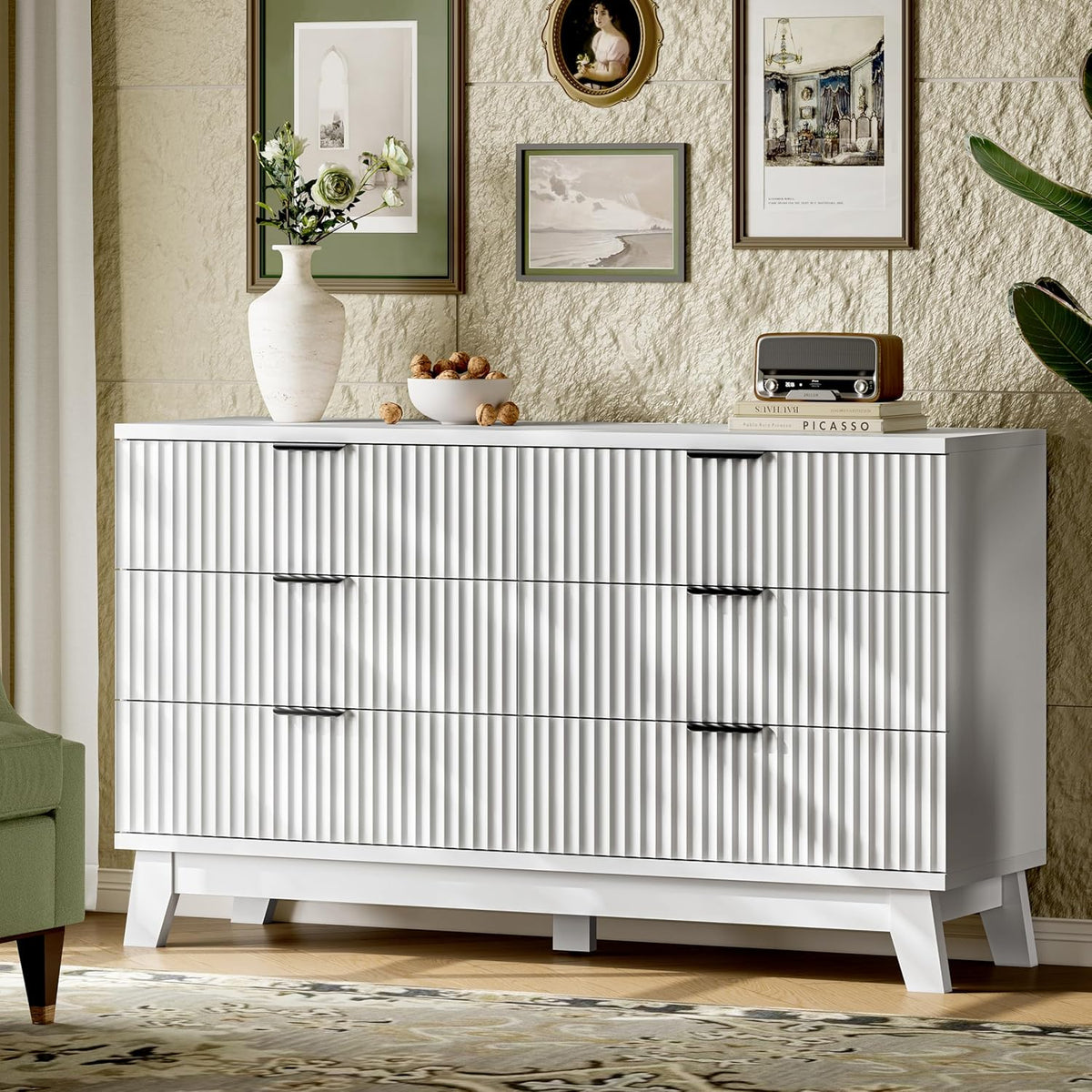 Fluted Dresser with 6 Drawers, 54" Wide Modern Chest of Drawers with Metal Handle, Wooden Dresser