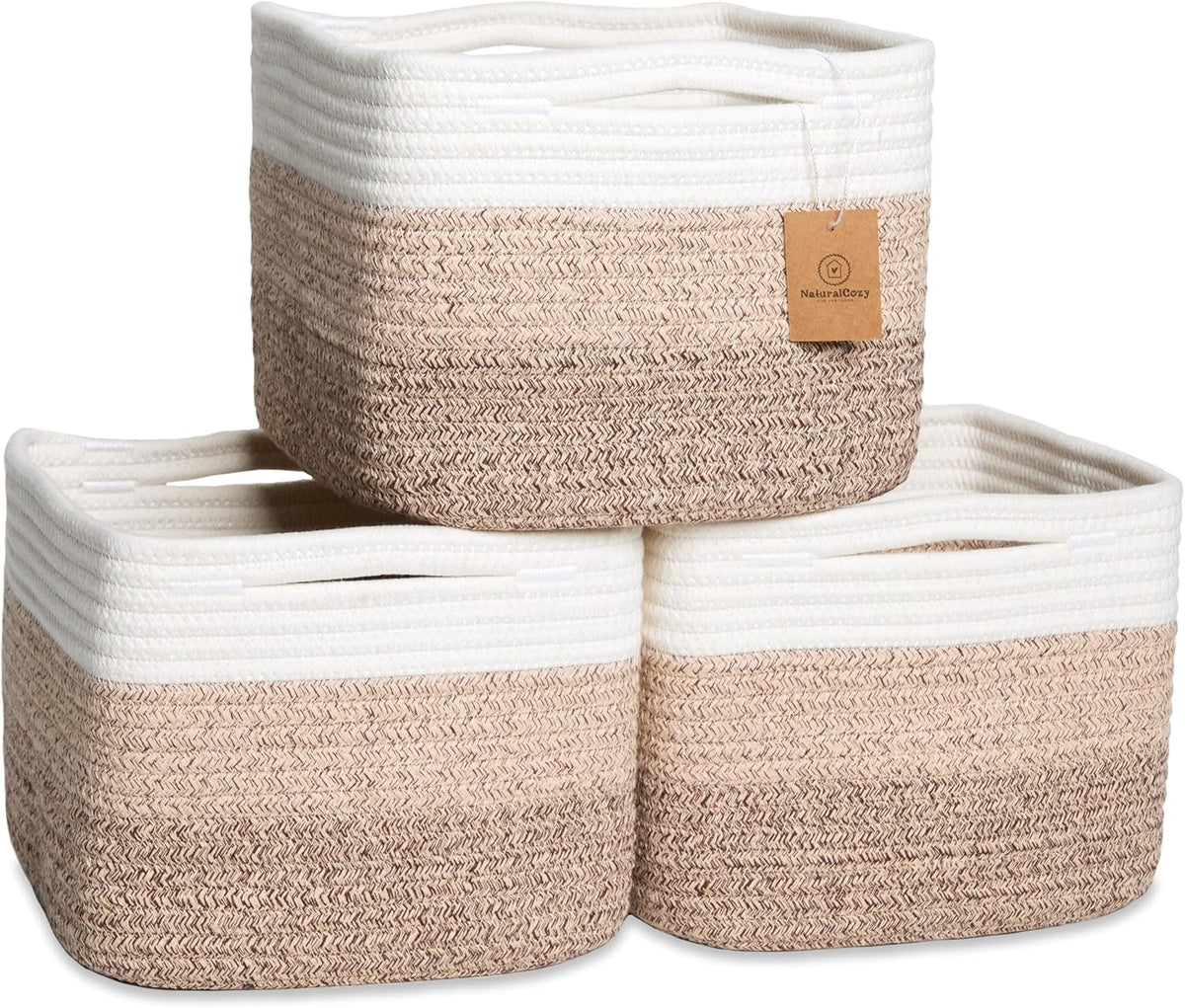 NaturalCozy Storage Cubes 9”x9”x7”Cotton Rope Woven Baskets for Organizing 3-Pack | 9 Inch Cube