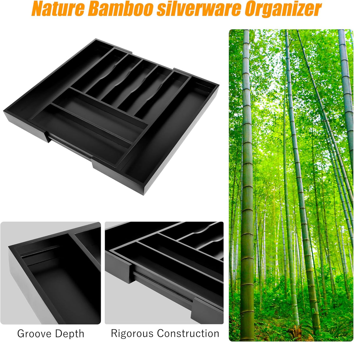 Bellsal Large Premium Bamboo Silverware Organizer - Expandable Utensil Drawer Organizer - 17"x19.6"