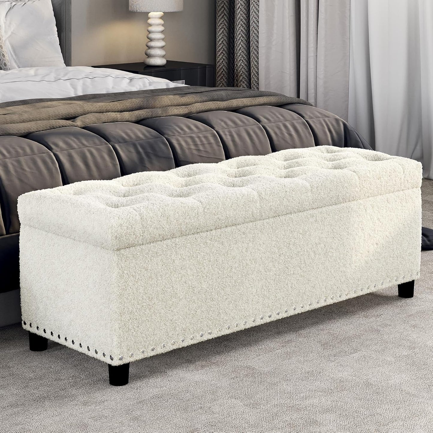 BELLEZE 47" Storage Ottoman, Storage Bench with Safety Close Hinge, Linen Button-Tufted Ottoman for