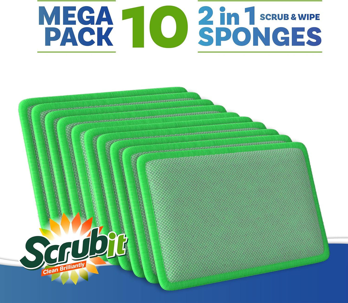 Scrub and Wipe Cleaning Pads [10 Pack] – SCRUBIT Dual Sided Scouring Pad and Sponge - Reusable