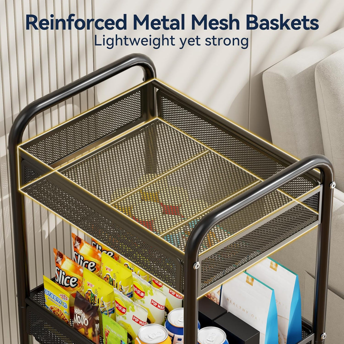 YASONIC 3 Tier Rolling Cart – Metal Utility Storage Cart with Wheels, Craft Cart Organizer with
