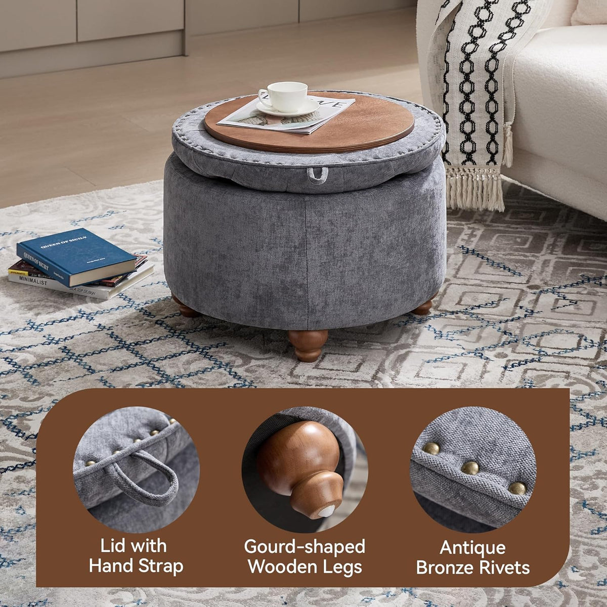 24Inch Round Storage Ottoman with Tray, Modern Tufted Circle Coffee Table with Storage, Upholstered