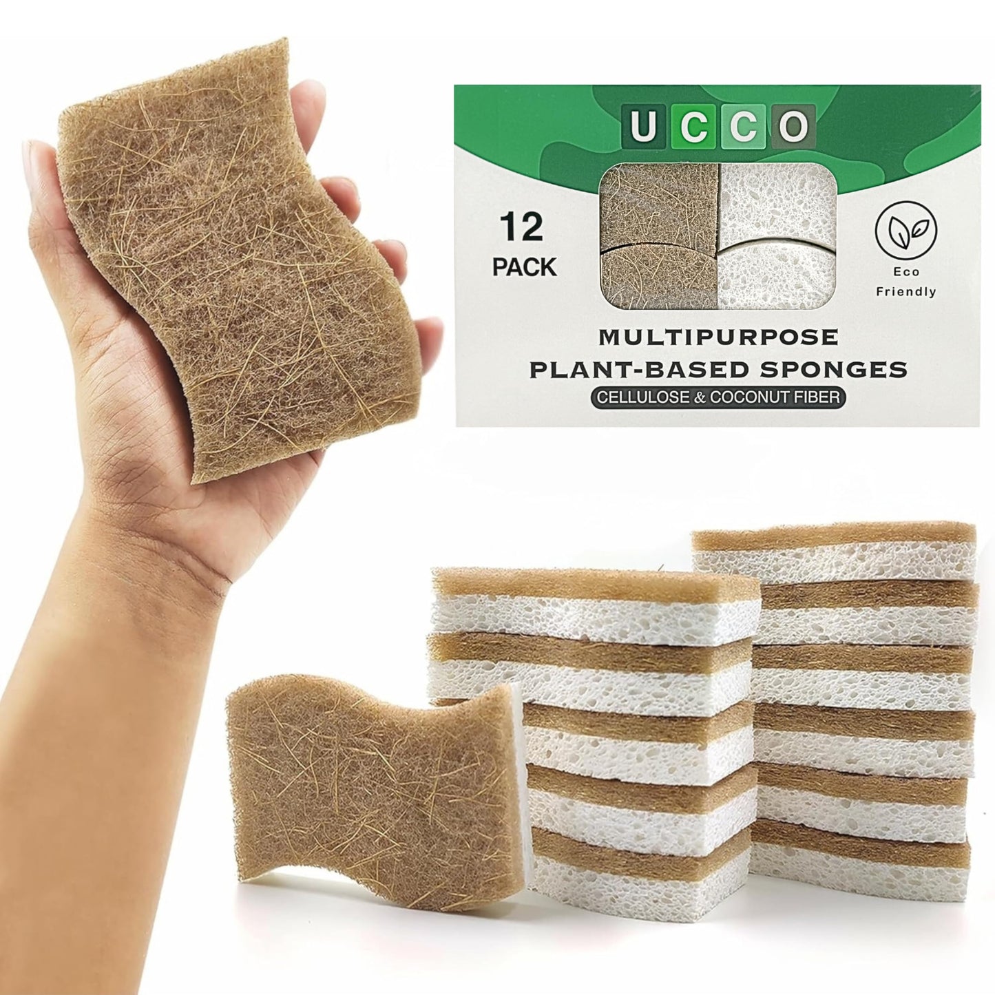 UCCO Eco Friendly Biodegradable Kitchen Sponges 12 Pack – Natural Compostable Cellulose with