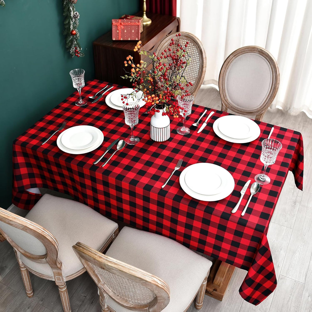 Red Waterproof Plaid Christmas Tablecloth Fabric - Square 58x58 Inch Classic Gingham Checker