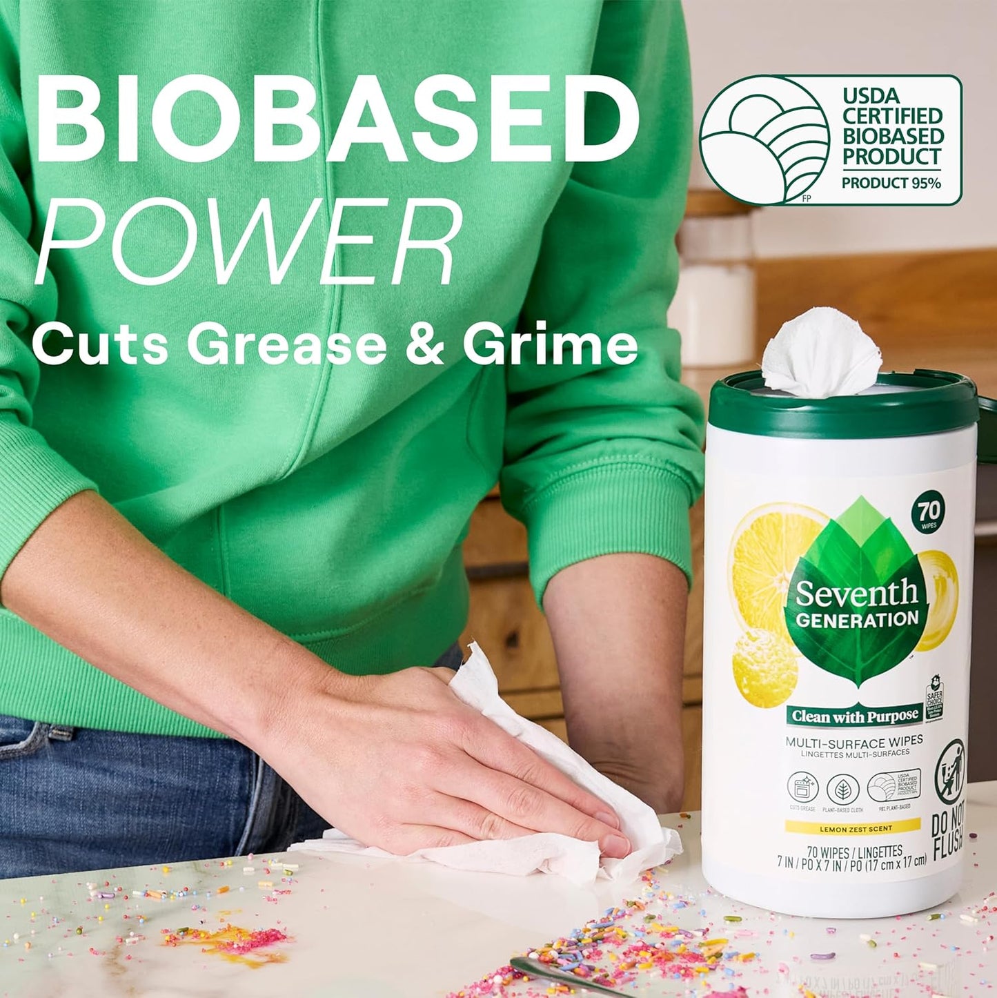 Seventh Generation Multi Surface Wipes All Purpose Cleaning Lemon Zest scent with 100% Essential