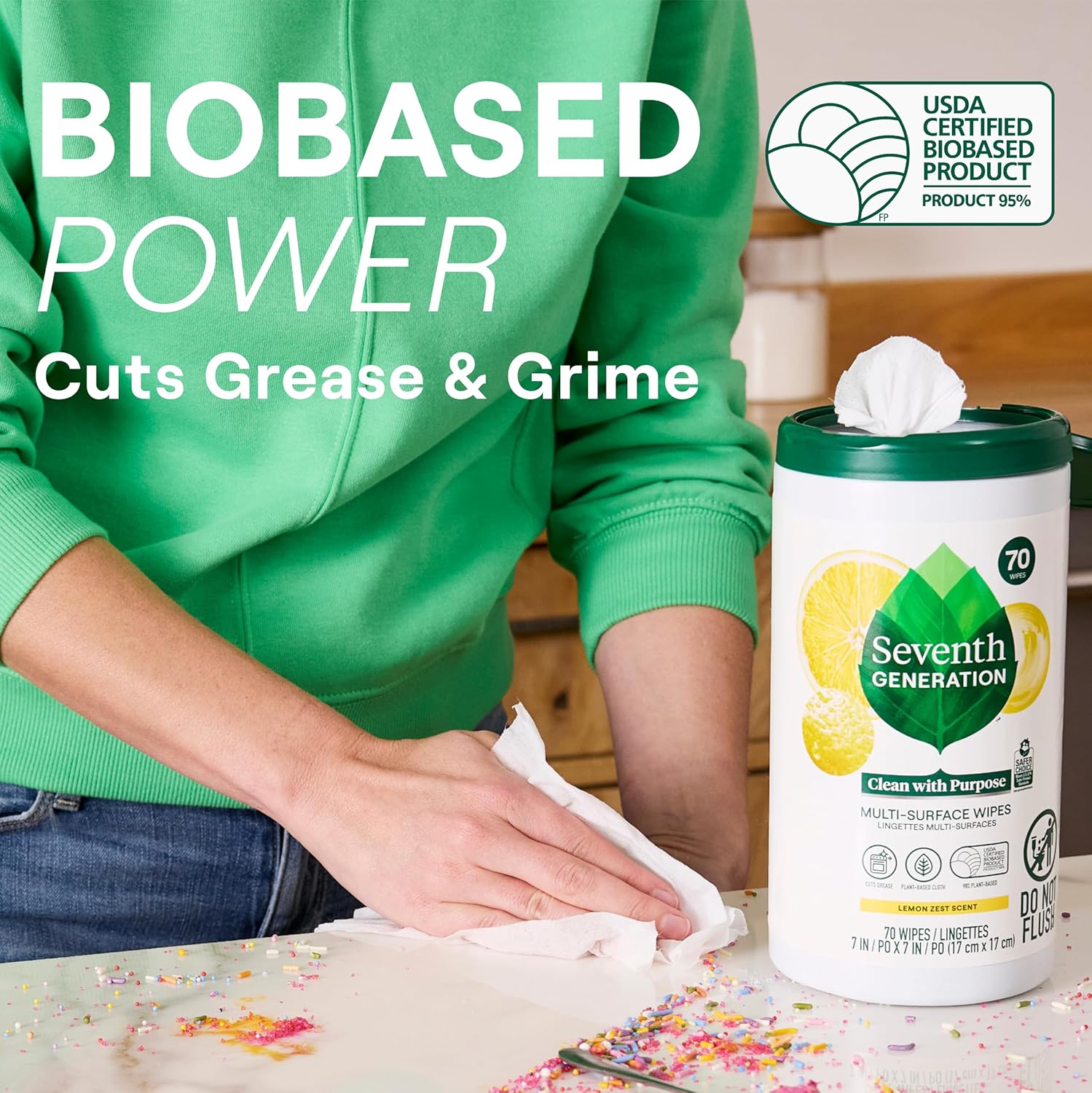 Seventh Generation Multi Surface Wipes All Purpose Cleaning Lemon Zest scent with 100% Essential