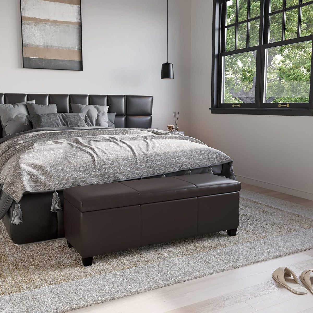 BELLEZE Storage Faux Leather Ottoman, 47 Inch Bench Bedroom Bench with Safety Close Hinge, Extra