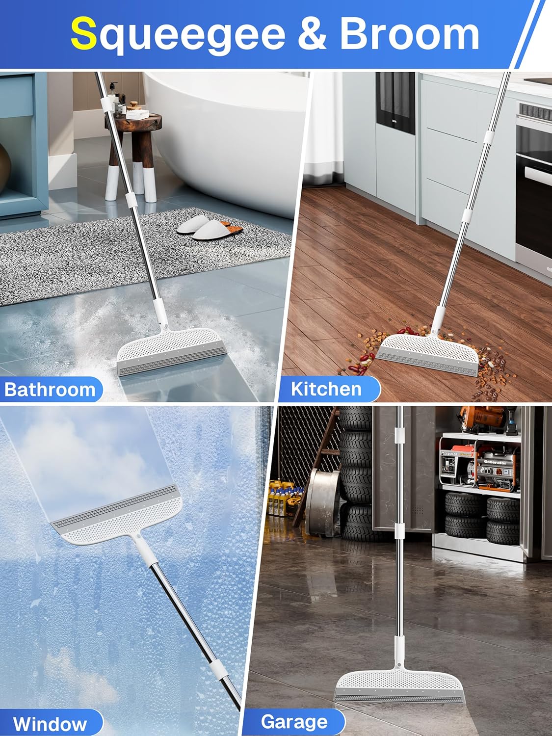 Floor Squeegee & Broom with Long Handle, 180° Rotating Head Silicone Blade Removes Water & Pet Hair