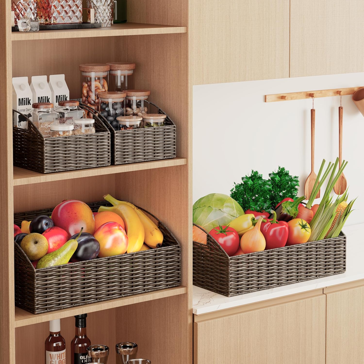 Ollieroo Rattan Storage Baskets, Handwoven Wicker Storage Bins with Built-in Handles, Storage